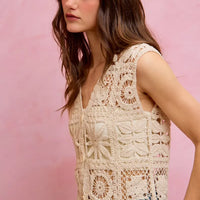Natural crochet sleeveless vest top with V-neck and circular floral crocheted panels