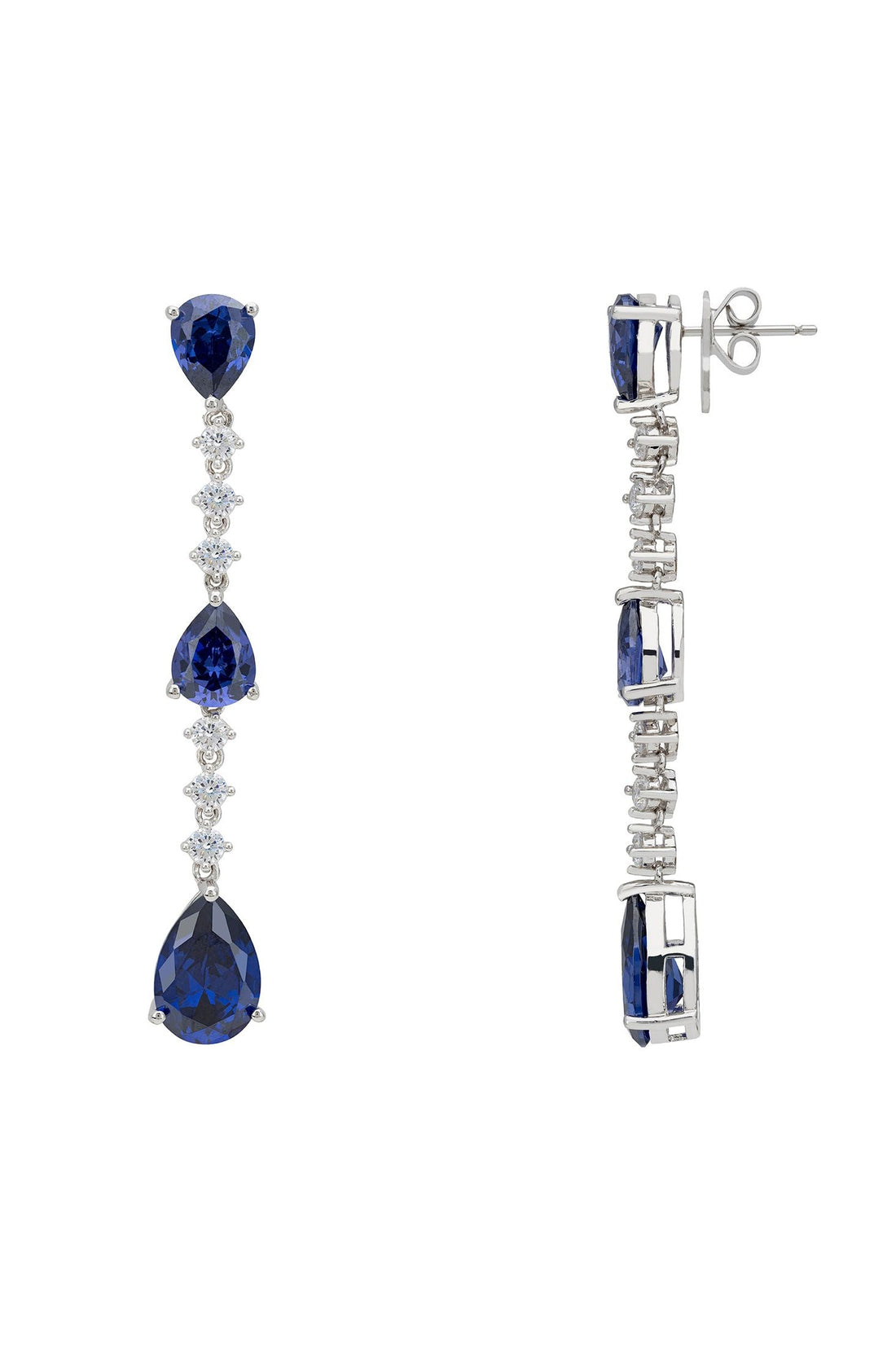 Silver drop earrings showing post and clasp with blue teardrop stones and crystals