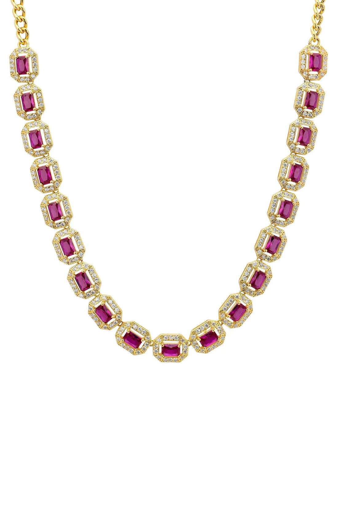 Gold tennis necklace with purple square gemstones on a chain