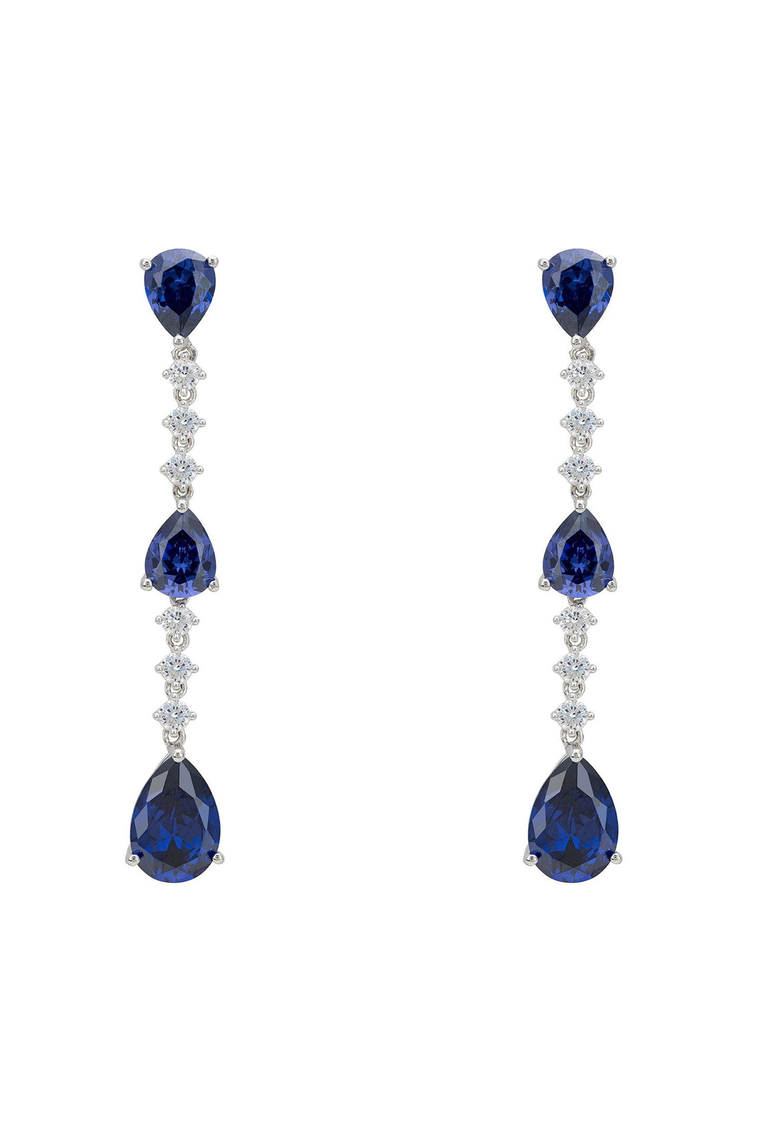 Tanzanite drop earrings with three blue teardrop stones and silver crystal accents