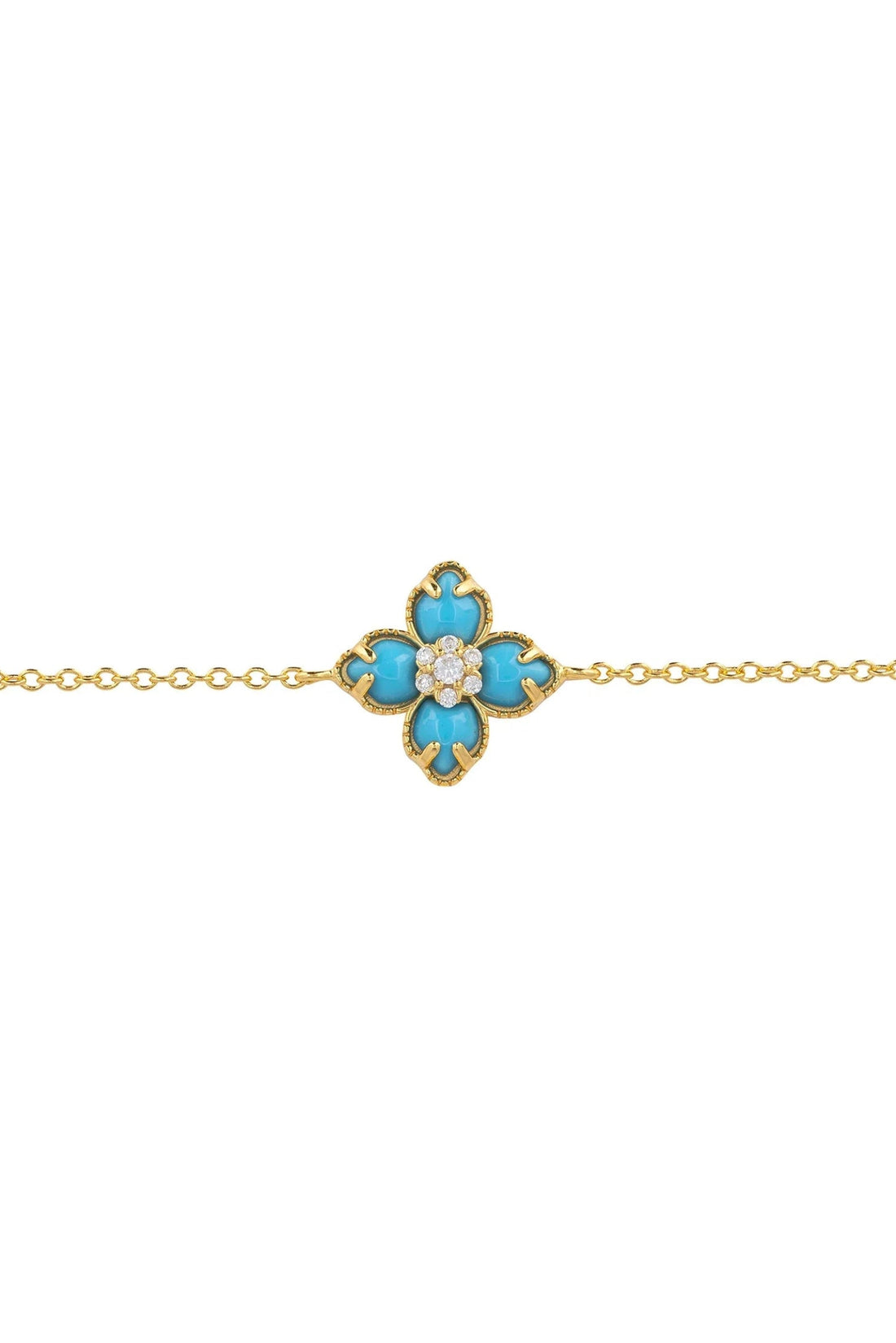 Gold-tone chain bracelet with blue flower clover charm and turquoise enamel detail