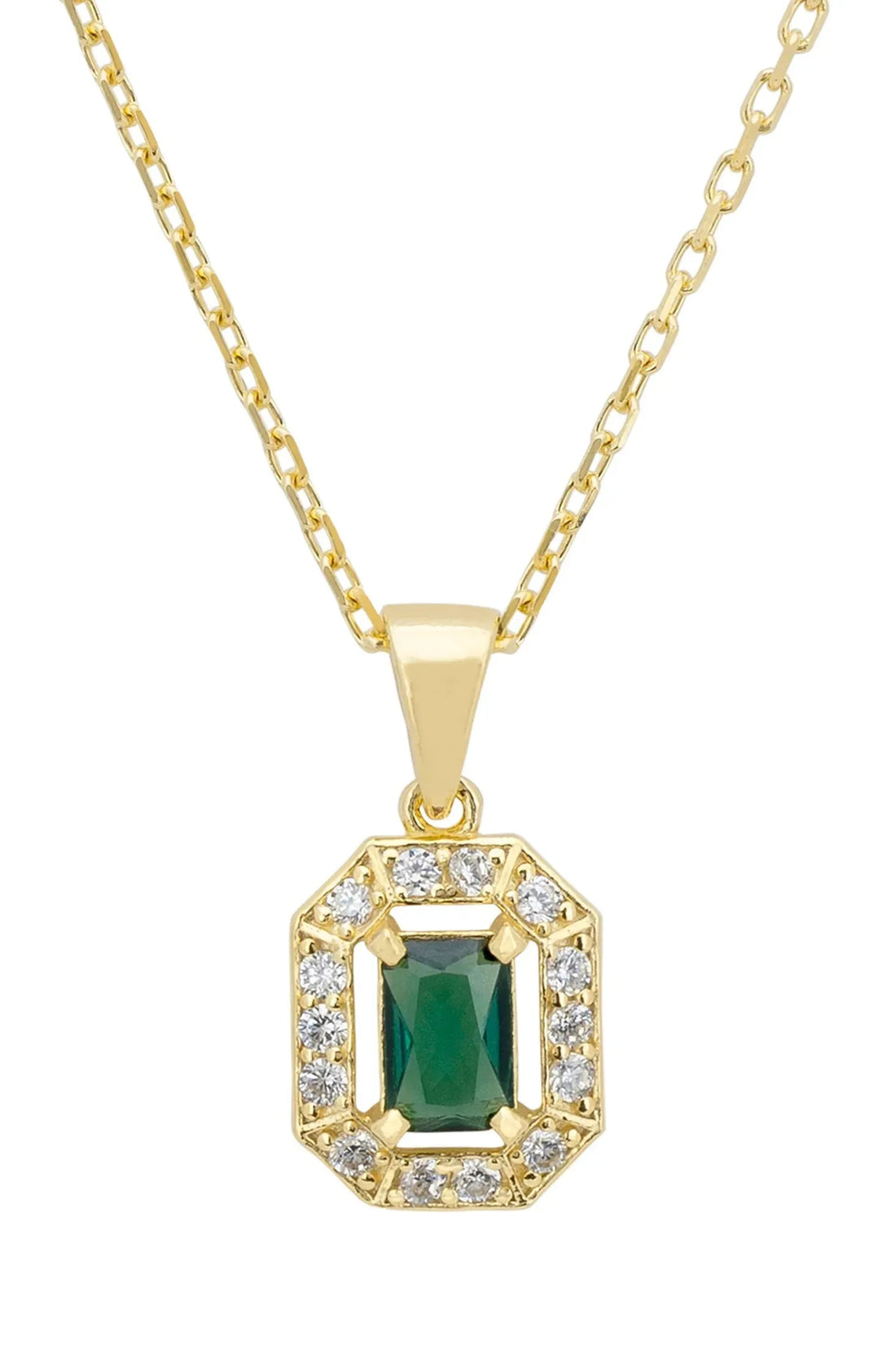 Gold gemstone pendant necklace with emerald green center and diamond halo