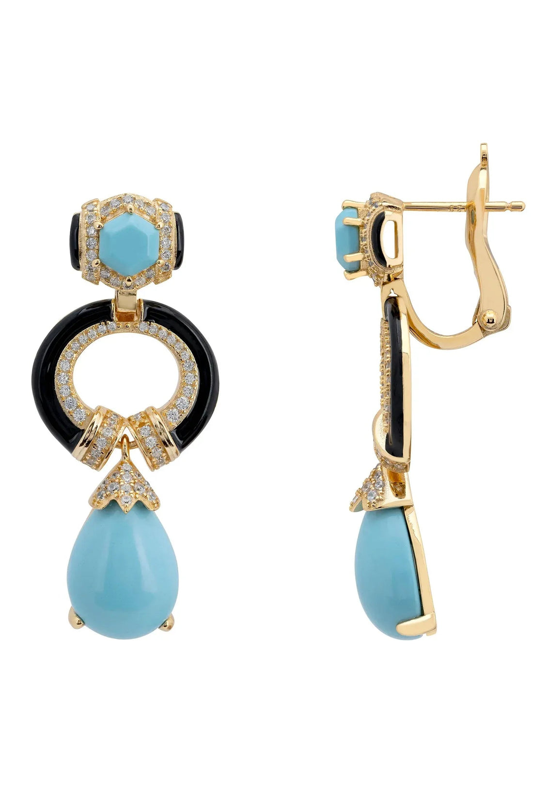 Gold-tone turquoise drop earrings side view with lever backs and blue teardrop drops