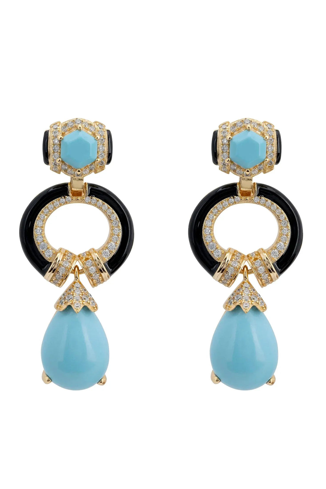 Gold-tone turquoise and enamel drop earrings with black cabochon and blue teardrop charm
