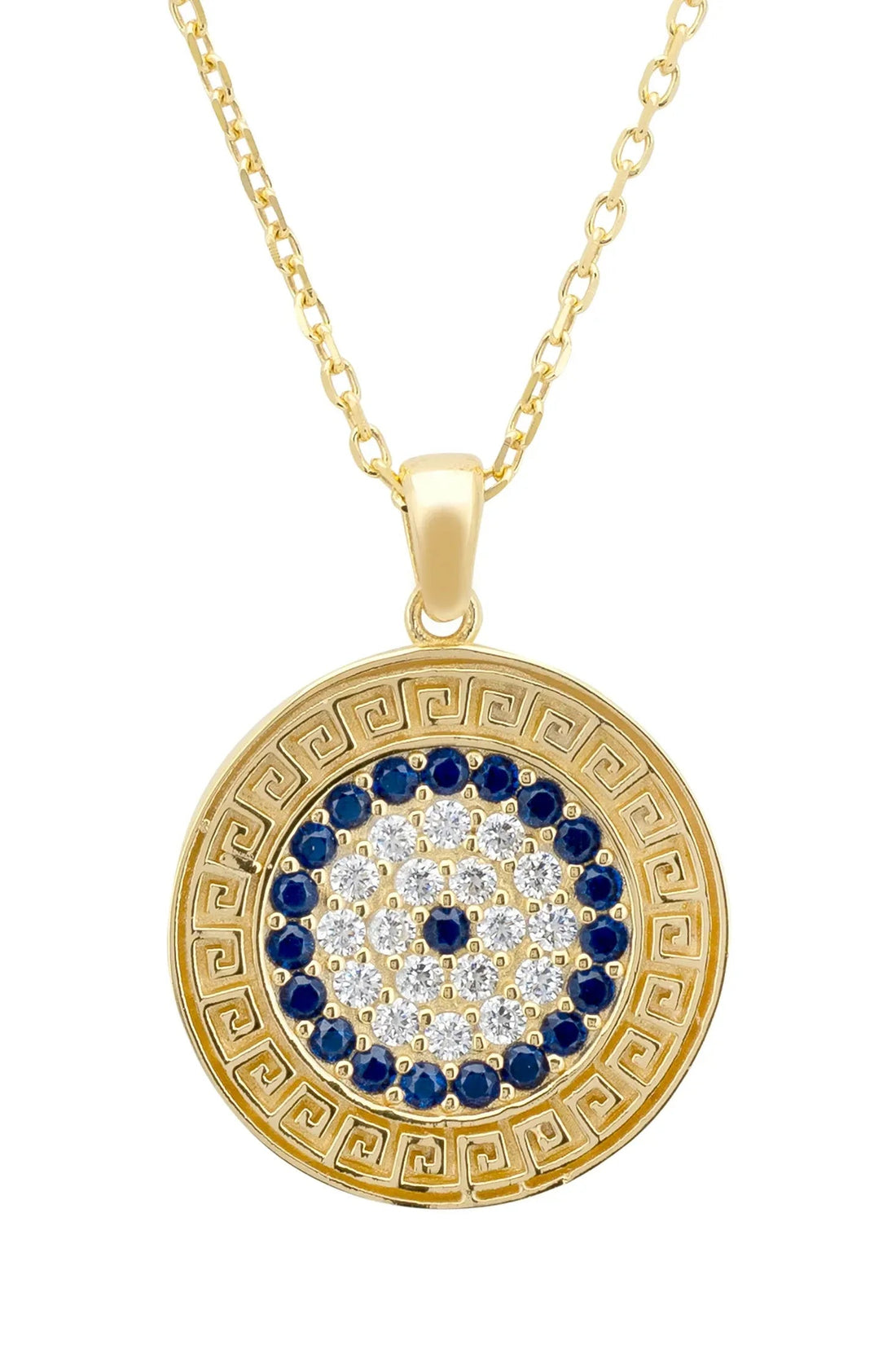 Gold evil eye disc pendant necklace with blue center stones