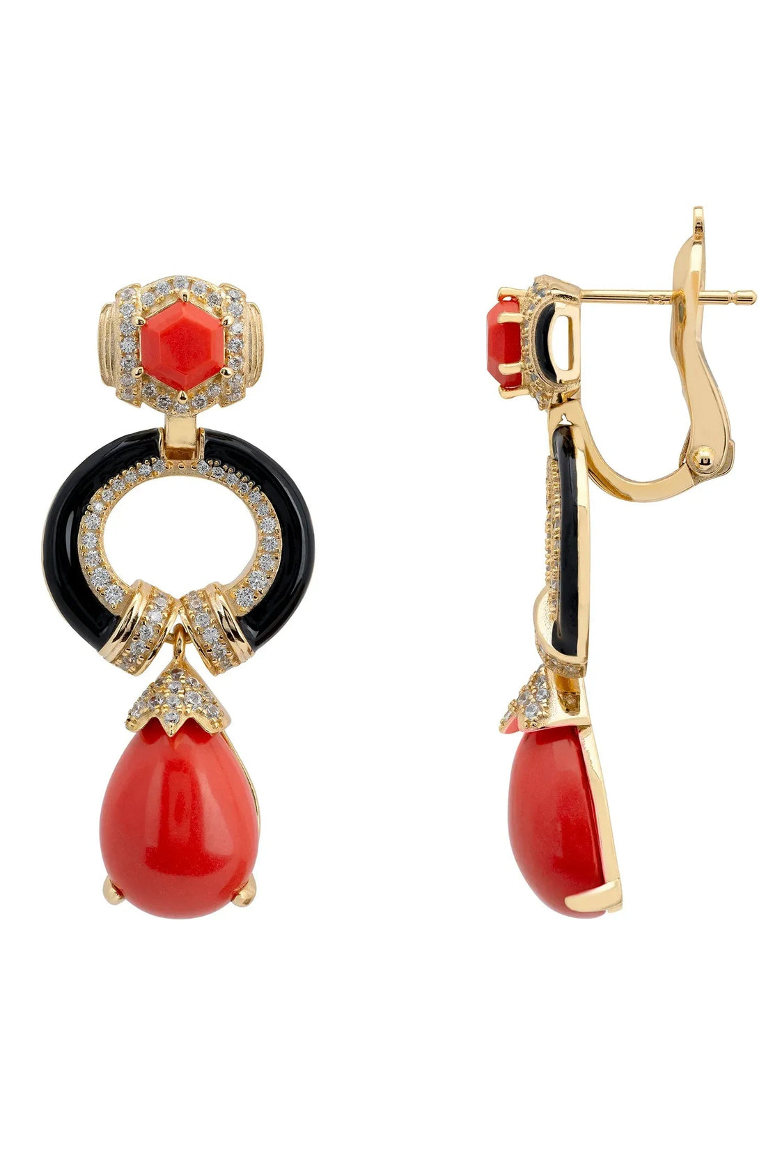 Clara Bow Coral & Enamel Drop Earrings Gold-2