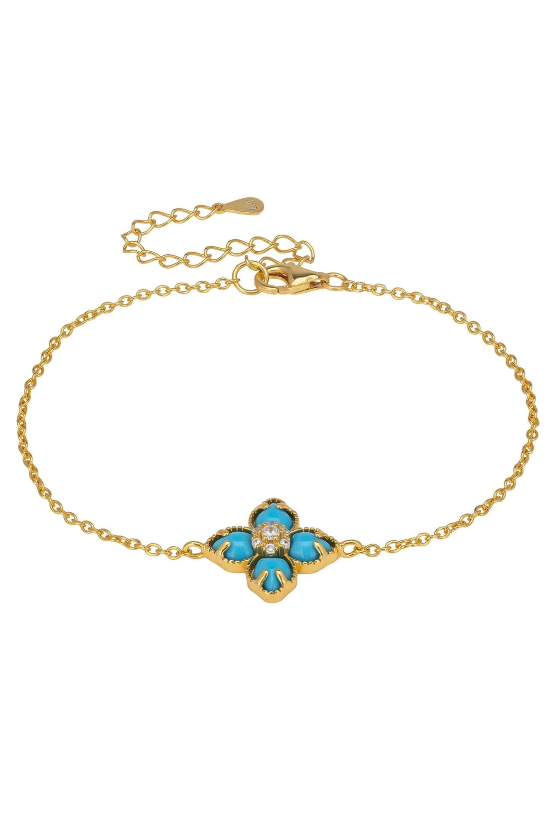 Gold-tone chain bracelet with blue clover charm and turquoise enamel flower