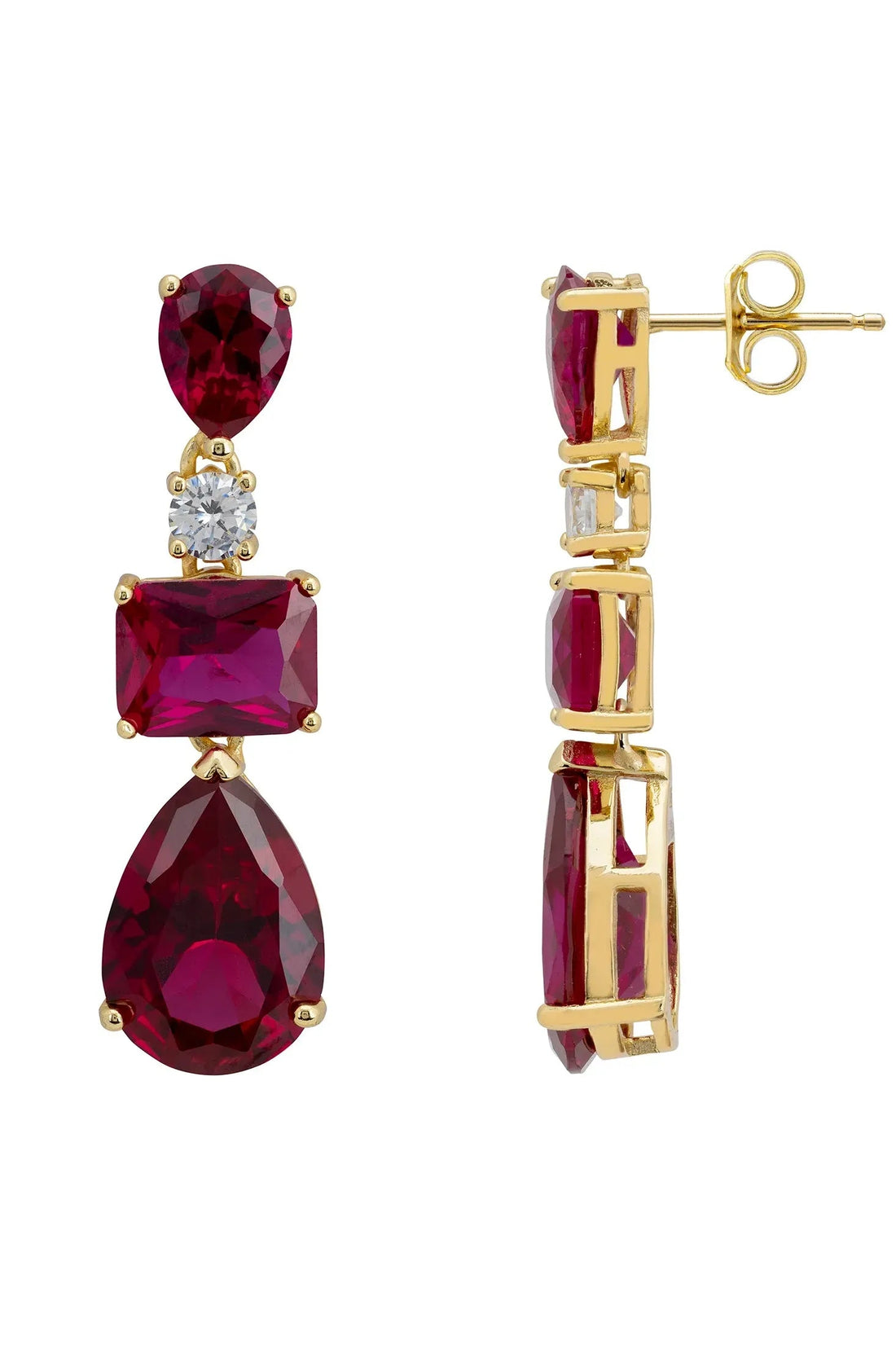 Gold drop earrings, side view with ruby-red stone settings and gold posts