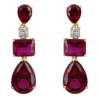 Gold drop earrings with marquise, square, and teardrop ruby-red gemstones