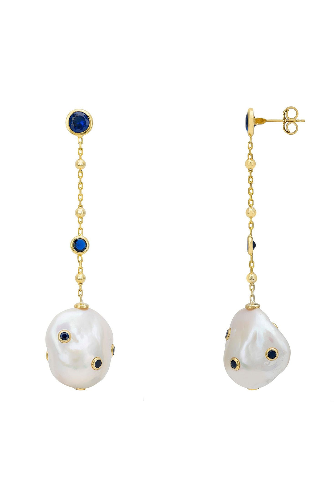 Gold-tone drop earrings with pearl chain, blue accents, and white baroque pearl side view