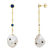 Gold-tone drop earrings with pearl chain, blue accents, and white baroque pearl side view