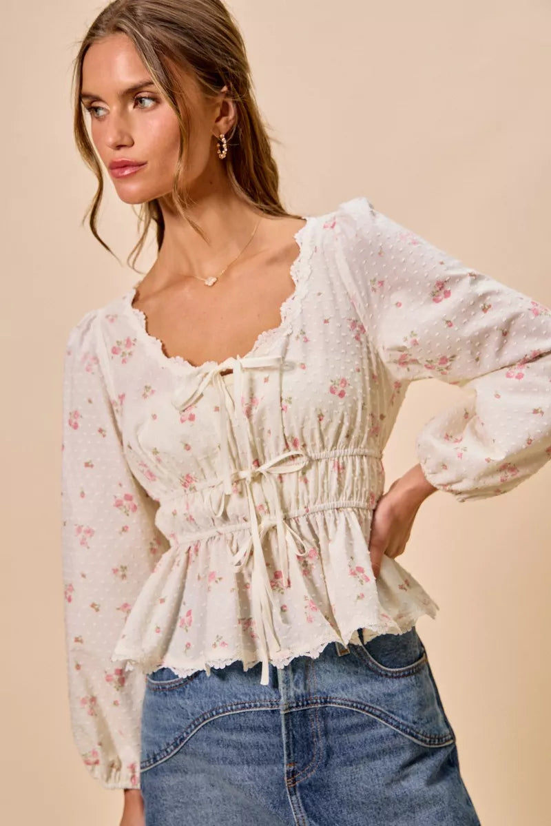 White floral clip-dot lace-trim blouse with ruched bodice, tie-front, and puff sleeves