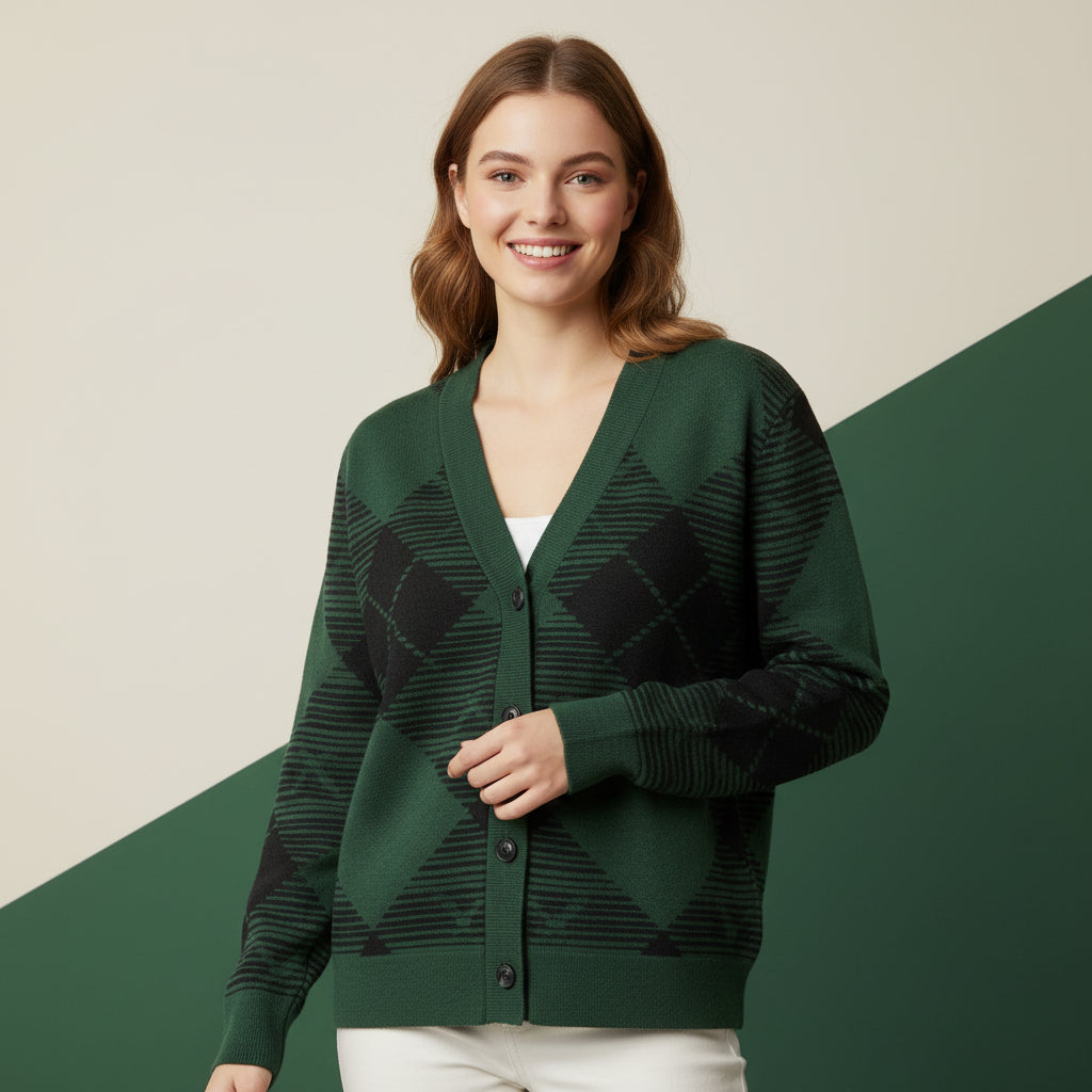Plaid Cardigan Sweater | Unisex Green Black Preppy Jacquard Knit