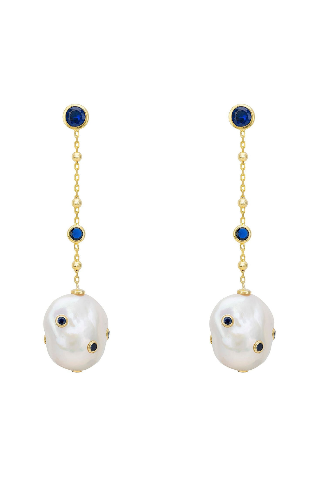Gold-tone drop earrings with pearl chain, blue accents, and white baroque pearl drops
