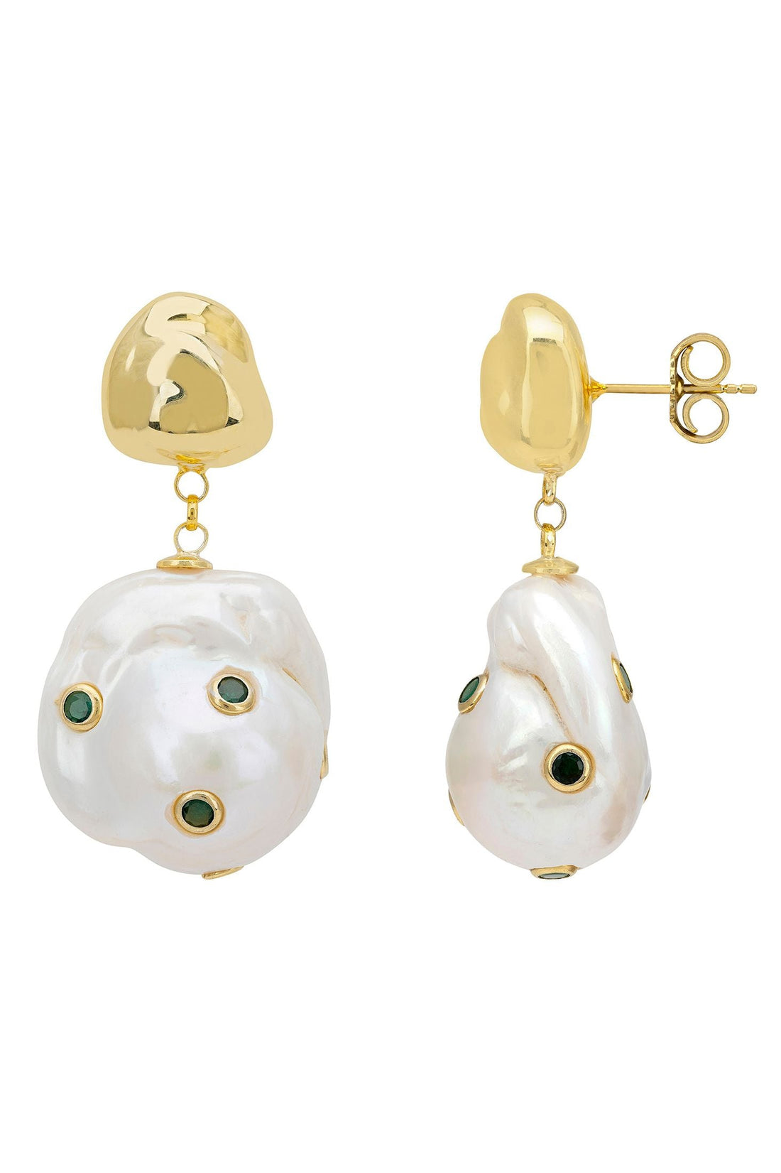Polka Dot Baroque Pearl Drop Earrings Gold Emerald-2