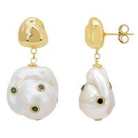 Polka Dot Baroque Pearl Drop Earrings Gold Emerald-2