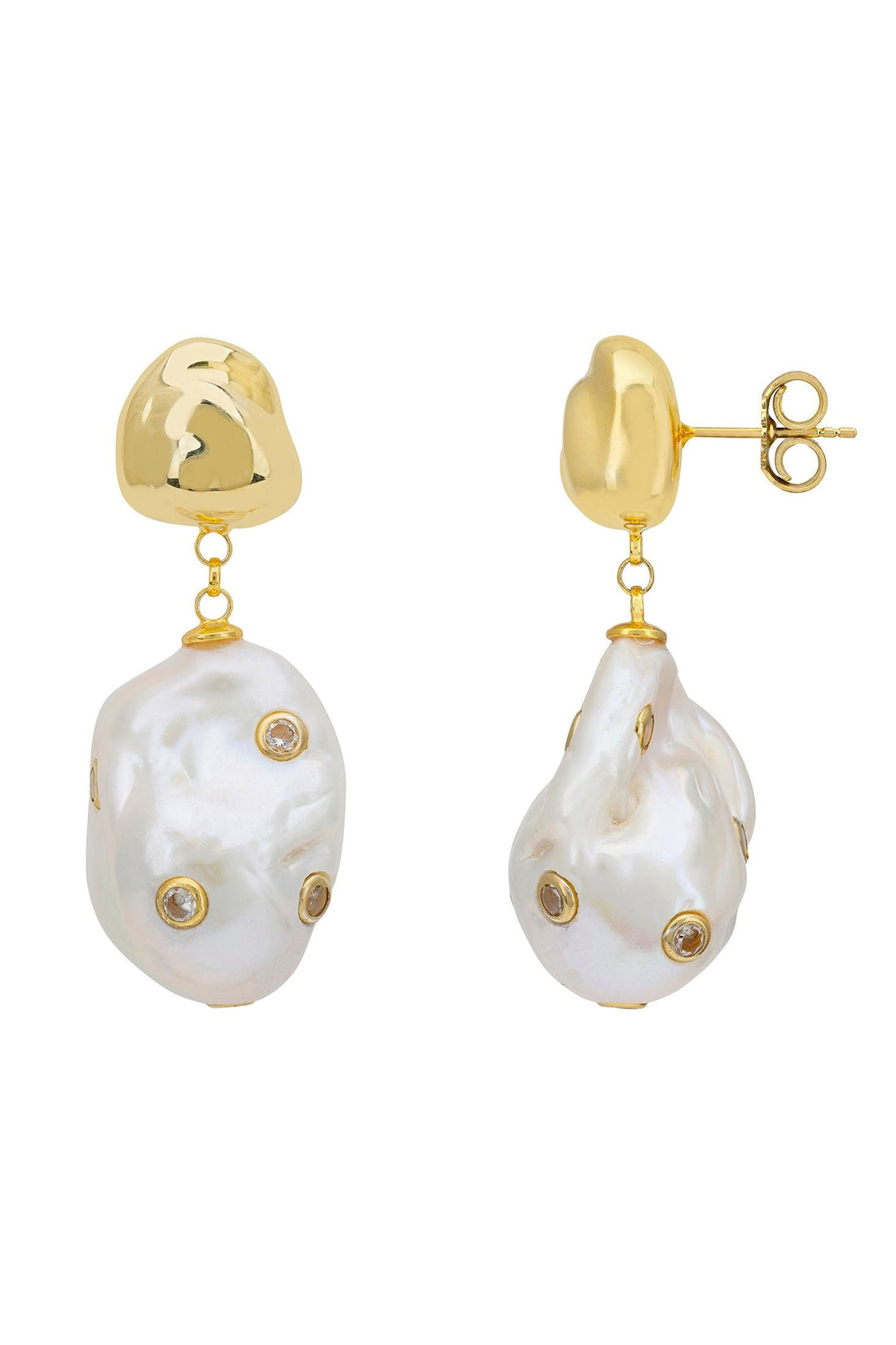Polka Dot Baroque Pearl Drop Earrings Gold Cz-2