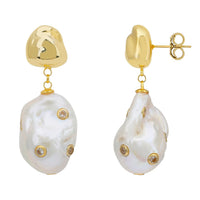 Polka Dot Baroque Pearl Drop Earrings Gold Cz-2