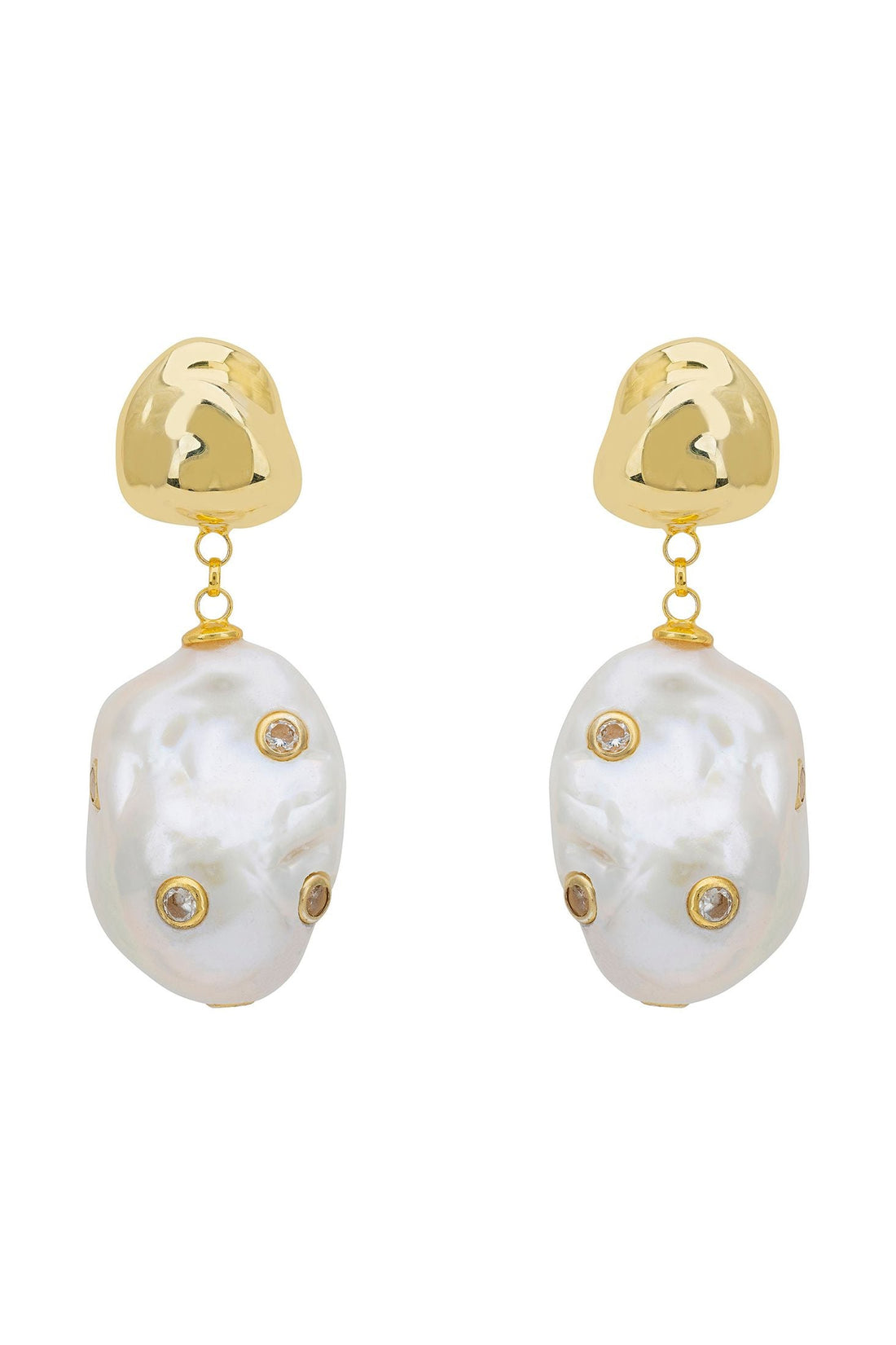 Polka Dot Baroque Pearl Drop Earrings Gold Cz-0