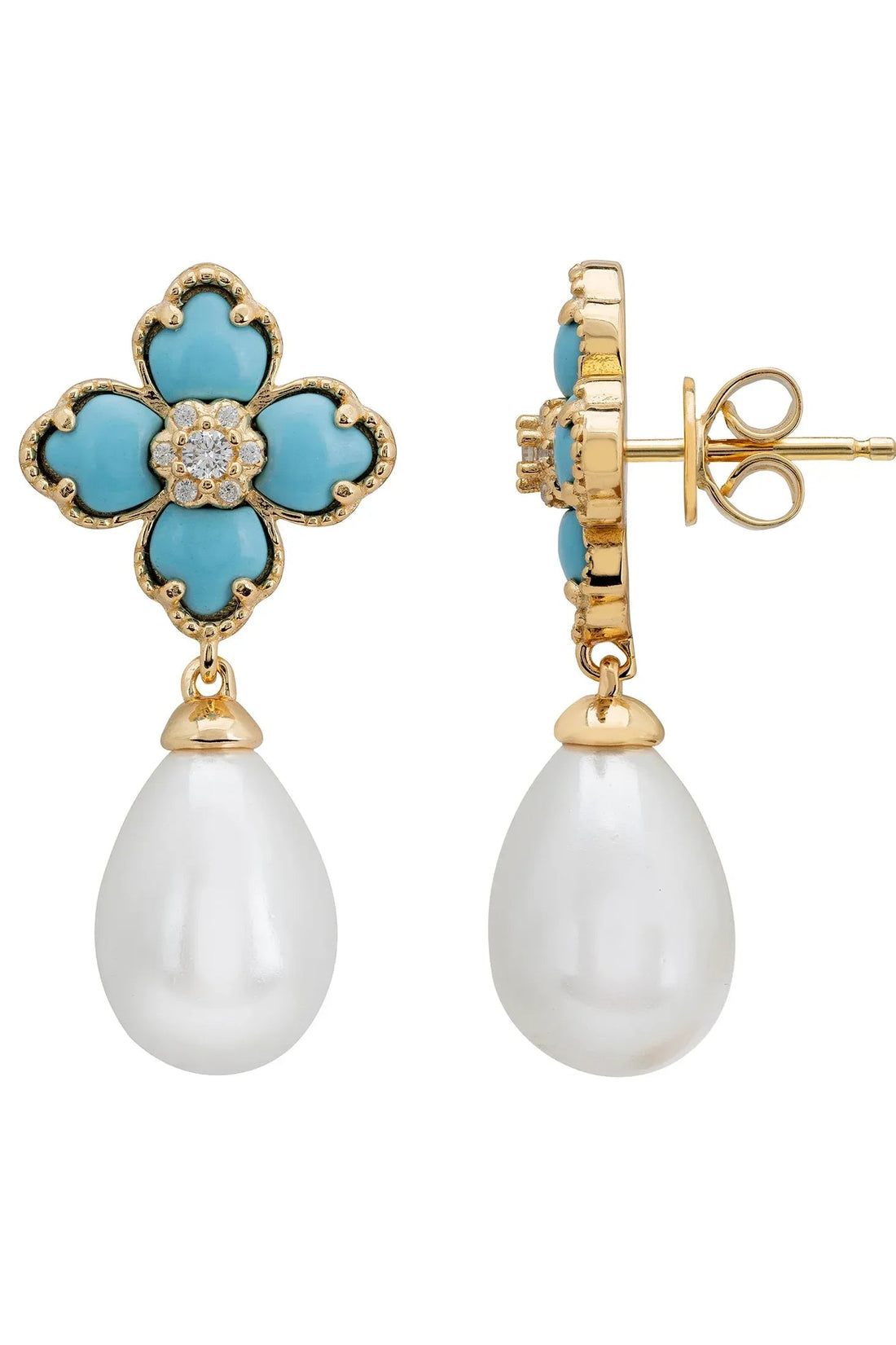 Gold flower clover drop earrings shown from the back with butterfly clasp