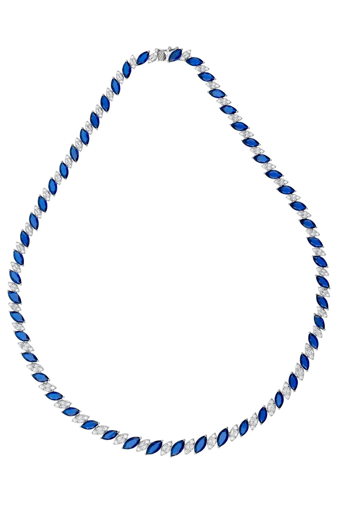 Sapphire blue crystal tennis necklace with oval links in silver-tone bezel