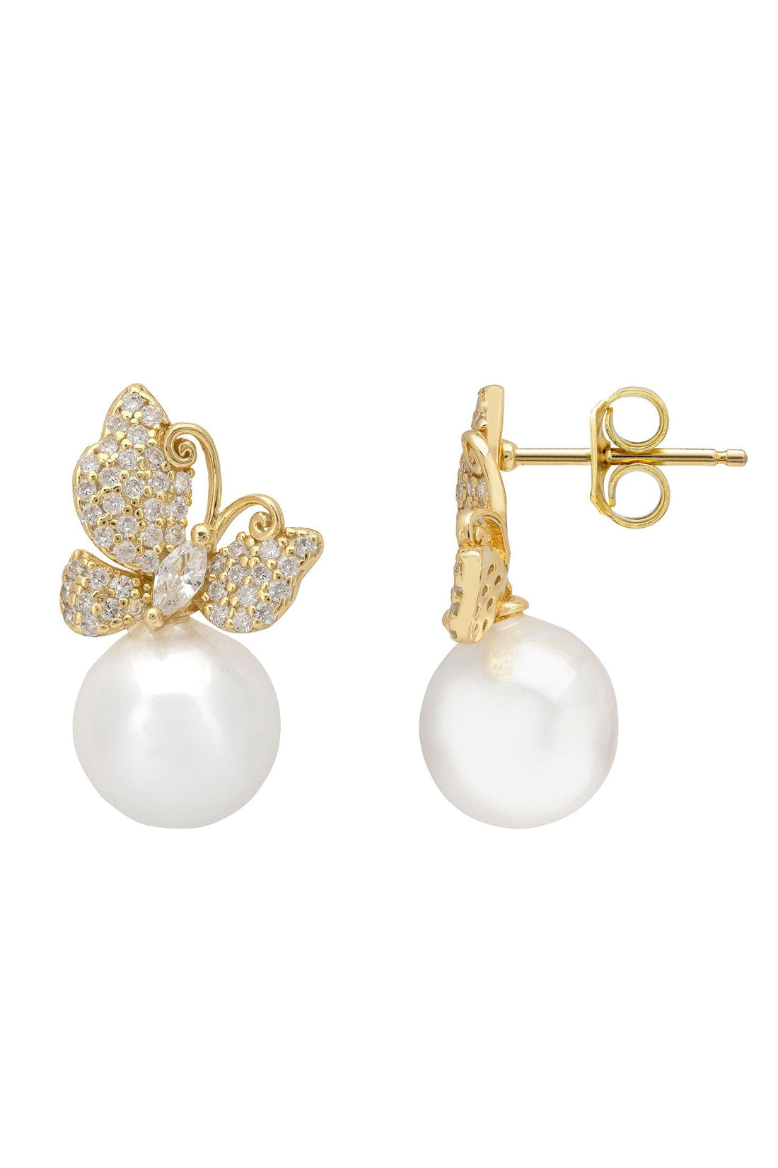 Gold-tone butterfly pearl drop earrings showing back with butterfly clasp