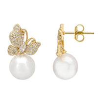 Gold-tone butterfly pearl drop earrings showing back with butterfly clasp