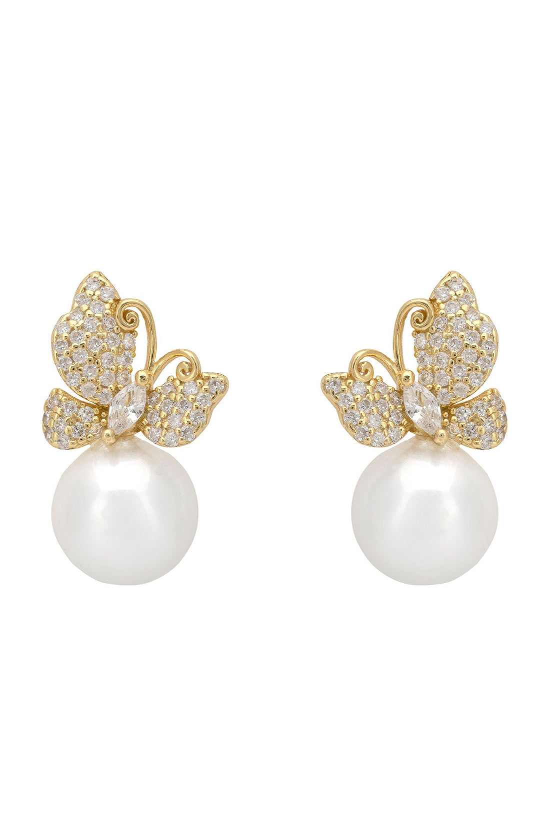 Gold-tone butterfly drop earrings with rhinestone wings and a white pearl drop