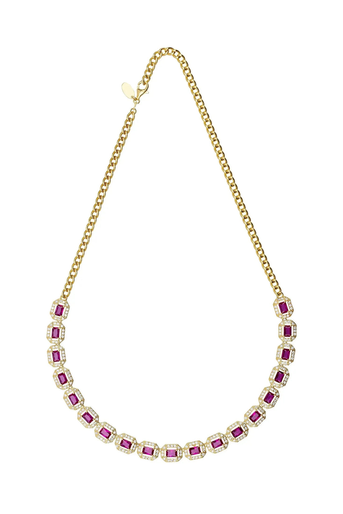 Gold tennis necklace featuring purple square gemstone stations