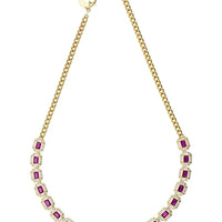 Gold tennis necklace featuring purple square gemstone stations