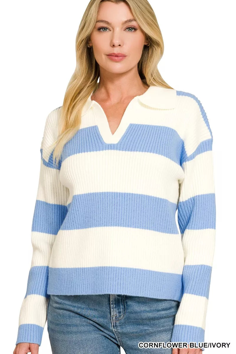 Blue and ivory striped collared sweater with ribbed cuffs and V-neck