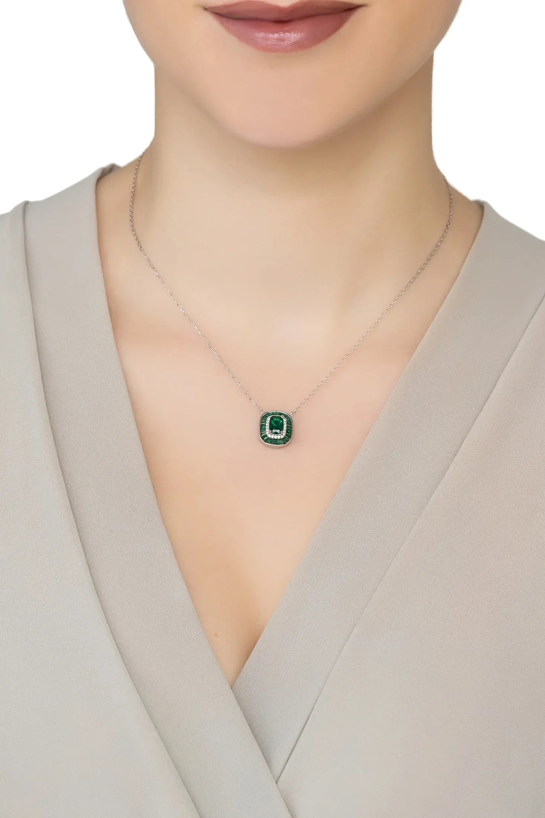 Great Gatsby Pendant Necklace Emerald Silver-1
