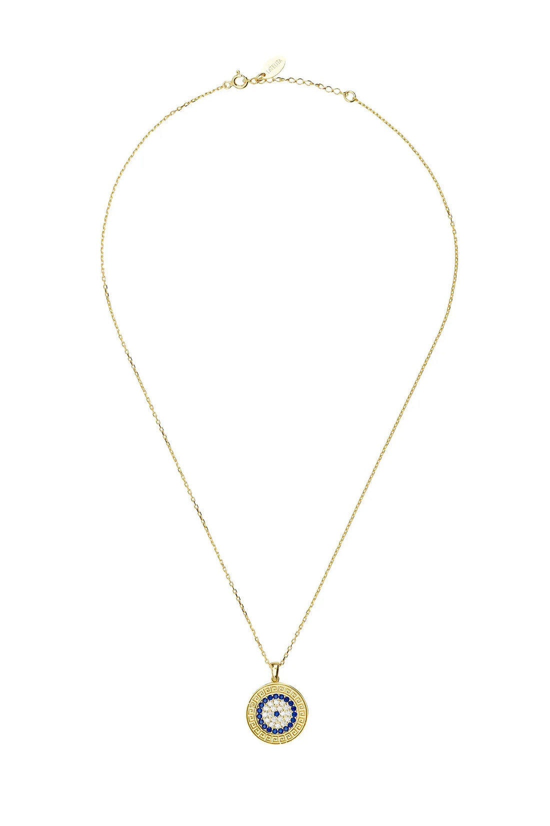 Gold evil eye disc pendant necklace with Greek key rim and blue stones