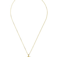 Gold evil eye disc pendant necklace with Greek key rim and blue stones