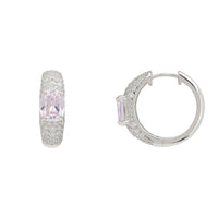 Silver hoop earrings with morganite center stones and pavé accents