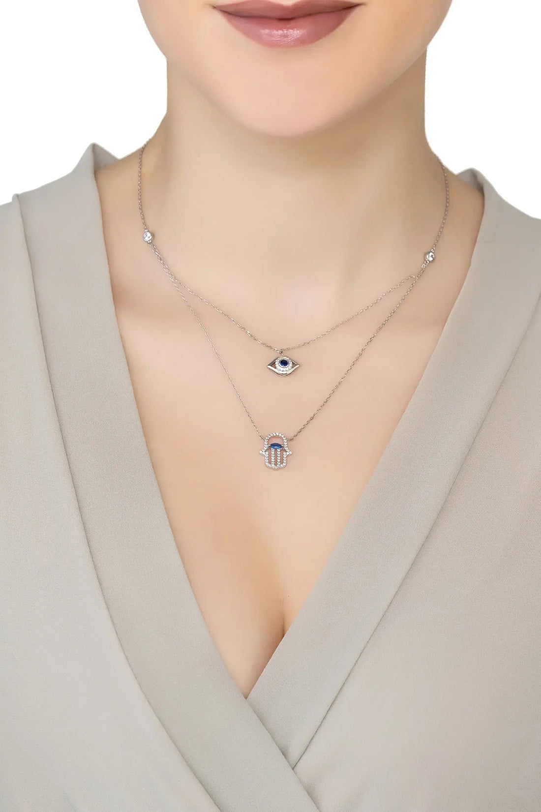 Hamsa Hand And Evil Eye Layered Necklace Silver-1