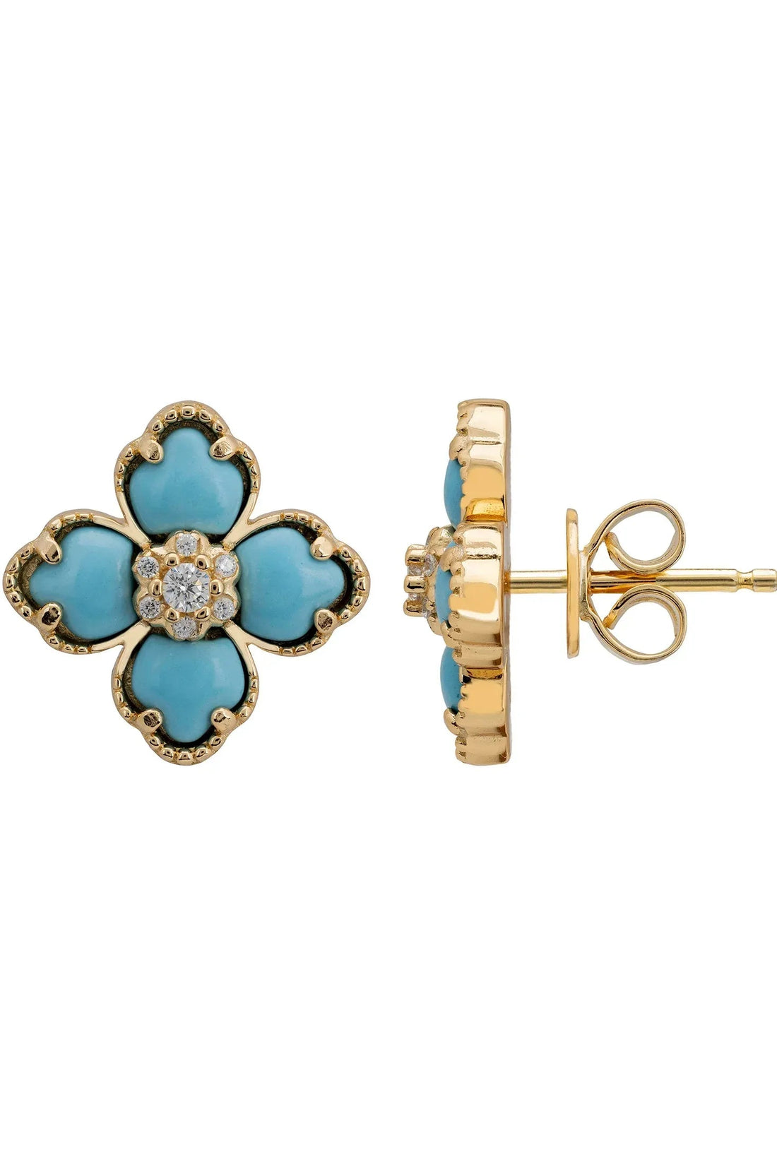 Gold-tone clover stud earrings with turquoise enamel and butterfly backs