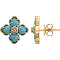 Gold-tone clover stud earrings with turquoise enamel and butterfly backs