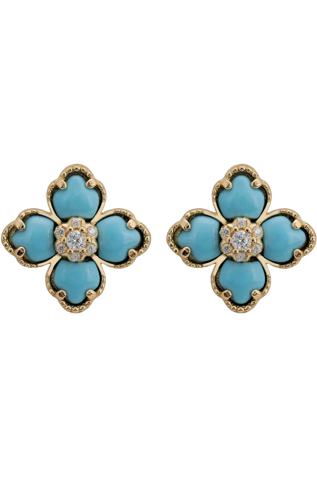 Gold-tone clover stud earrings with turquoise enamel and crystal center