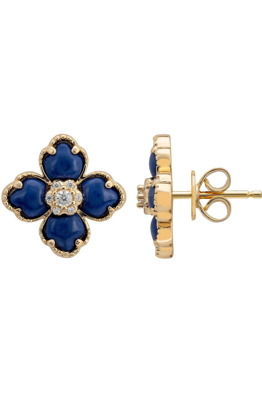 Flower Clover Lapis Lazuli Stud Earrings Gold-2