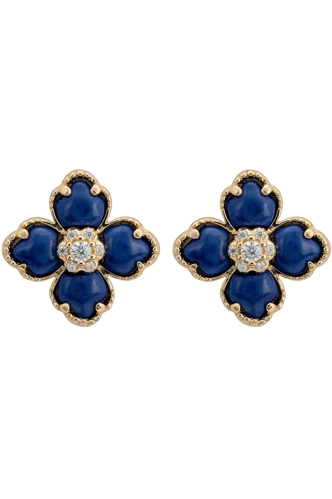 Flower Clover Lapis Lazuli Stud Earrings Gold-0