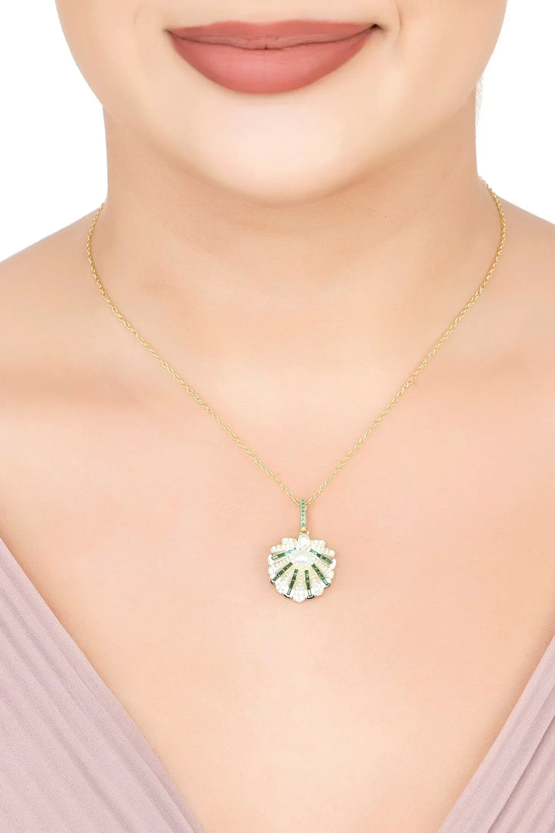 Art Deco Scallop Shell Pendant Necklace Emerald Green With Pearl Gold-1