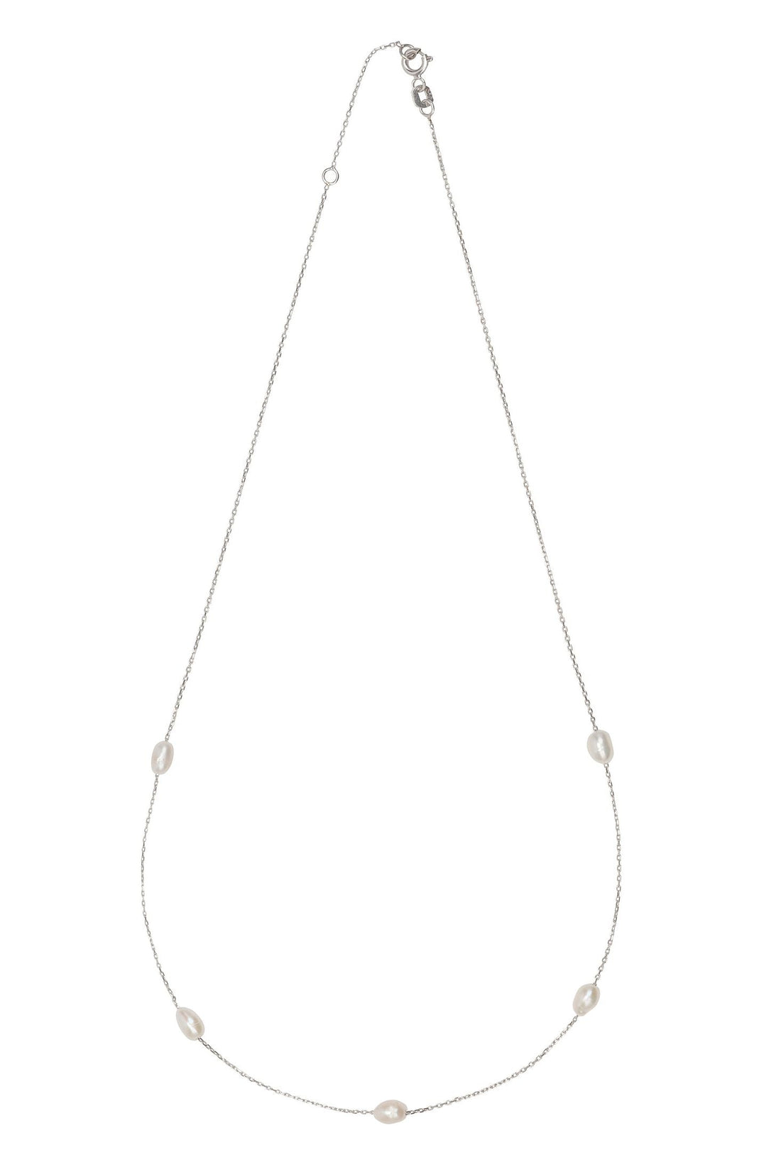 White gold drop pearl necklace with small natural pearls spaced along the chain