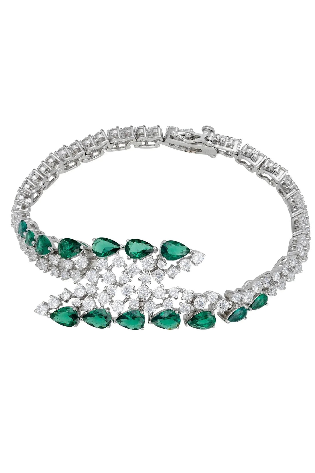 Silver tennis bracelet with emerald green oval stones and prong settings