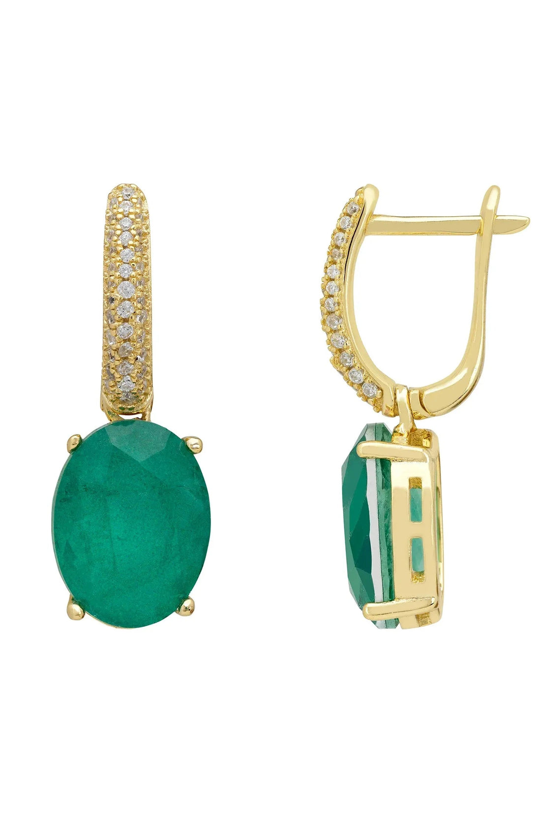 Gold oval drop earrings with green emeralds and pavé-set upper bars