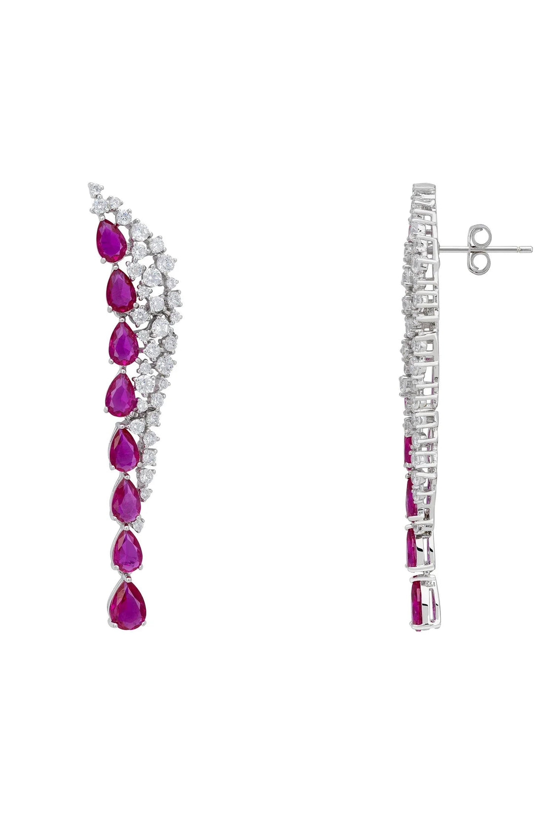 Ruby gemstone drop earrings in silver, straight row with stud-back clasp