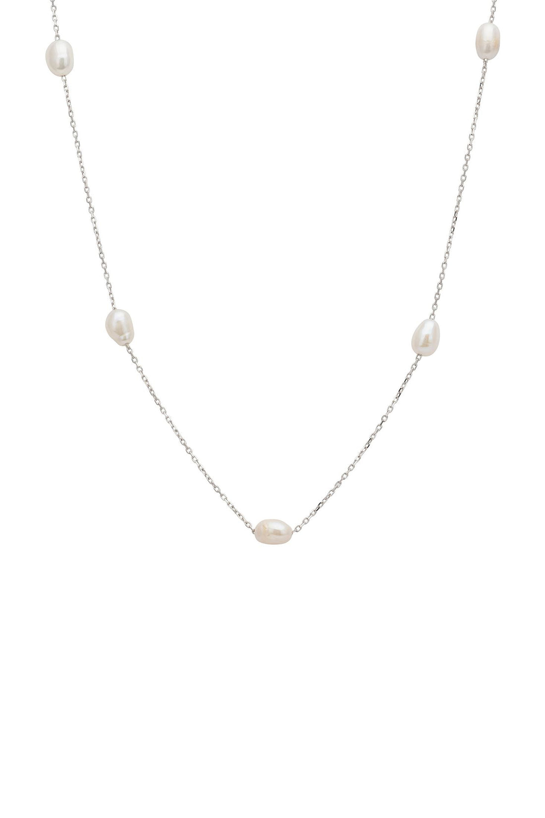 White gold spaced pearl necklace with natural pearls along the chain