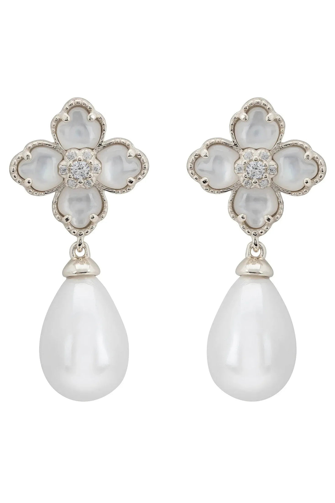 Silver flower clover drop earrings with mother-of-pearl petals and pearl teardrop dangles