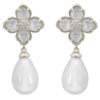 Silver flower clover drop earrings with mother-of-pearl petals and pearl teardrop dangles