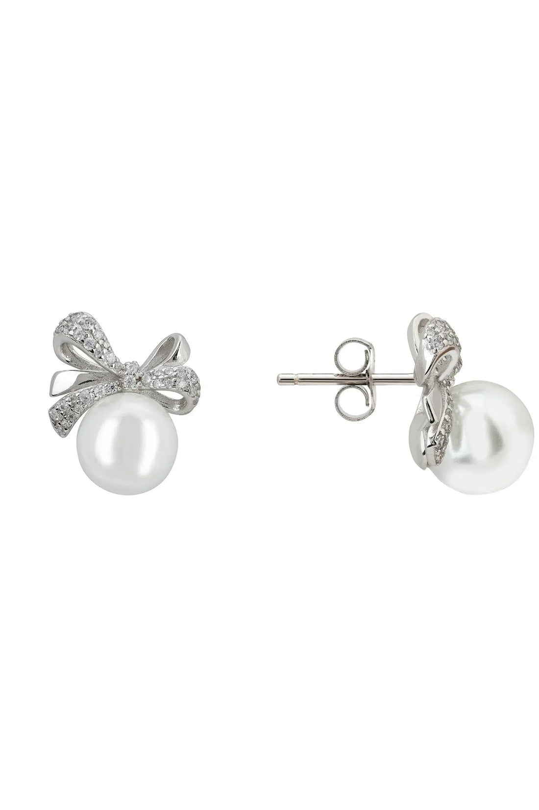 Bow ribbon pearl stud earrings showing stud and backing with round white pearl